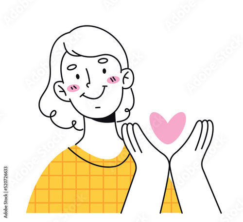 A young girl is holding a heart. Help, care, charity and volunteering concept. Character in line style on a white background.