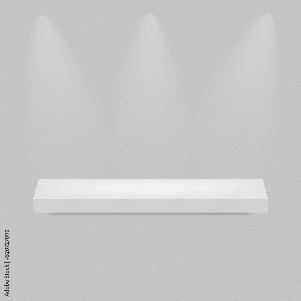 Empty white bright shelf with spot lights