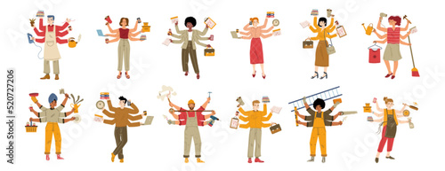 Busy multitasking characters, diverse business men, women housewife, handyman, wife or husband with many hands hold working tools. Multitask, home and office workload Line art flat vector illustration