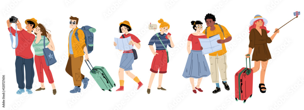 Tourists travel, people on excursion. Young men and women group with backpacks, luggage, map and photo cameras traveling. Male and female characters abroad trip, Line art flat vector illustration, set