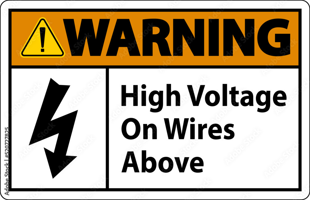 Fototapeta premium Warning High Voltage On Wires Above Sign On White Background