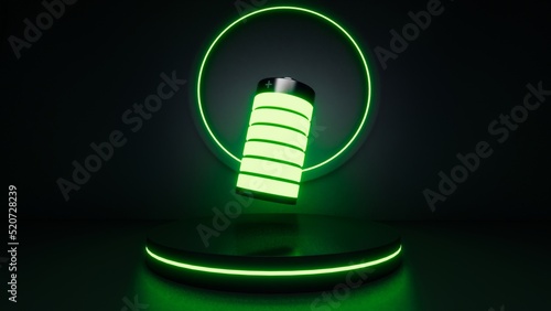 Green battery glowing with plus and minus sign fully charged floating over black podium with green accent lights 3d illustration