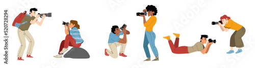 Professional photographers with cameras. Male and female characters photographing, take photo shots. People creative hobby, paparazzi or journalist profession, Line art flat vector illustration, set