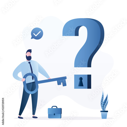 Solving problems, overcoming obstacles. Smart businessman holding big key to unlock keyhole on question mark sign. Key to unlock answers for problem and questions. Wisdom or understanding.