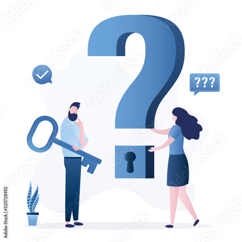 Solving problems, overcoming obstacles. Smart business people thinking about unlock keyhole on question mark sign. Key to unlock answers for problem and questions. Wisdom or understanding,
