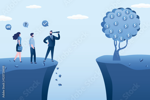 Confident leader uses spyglass for future vision. Male boss is looking for way to bridge money gap and get rich. Money tree on other side. Business team on way to profit.