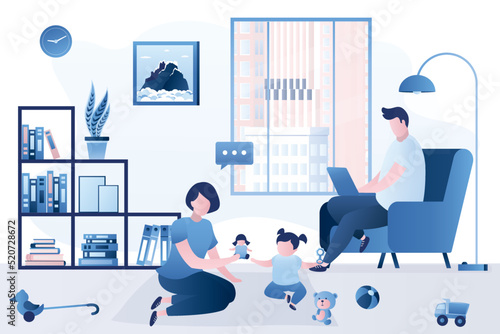 Mother plays with daughter. Spending time with children. Small child play in toys. Living room interior, furniture. Motherhood and childcare. Husband work at home, freelance job.