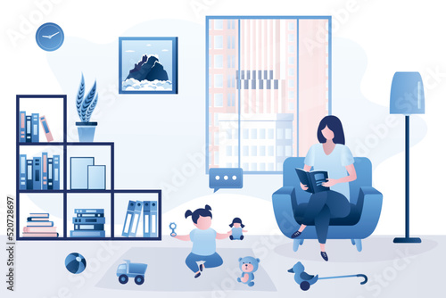 Mother plays with daughter. Spending time with children. Small child play in toys. Living room interior, furniture. Motherhood and childcare. Husband work at home, freelance job.