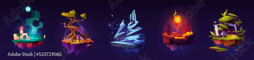 Floating game islands set with spooky grave, creepy spider web, cold iceberg, volcanic rock and medieval knight sword. Ground vector cartoon collection fantasy level platforms for 2d ui graphic design