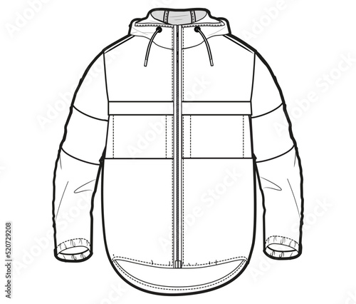 hoodie jacket mens, boys winter wear long sleeve hooded jacket flat sketch vector illustration cad mockup.