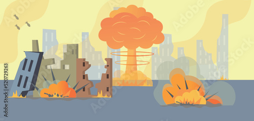 The danger of a nuclear explosion. Vector illustration of nuclear mushroom fireball. A terrifying scene of an explosion of a nuclear bomb dropped on the civilian population of the city. Banner poster.