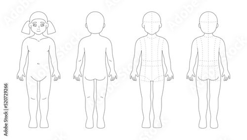 Age 4-5 years kid girl figure for kidswear sketch. Fashion template of child body mannequin, 5-head proportions. Front and back view, rulers on backdrop