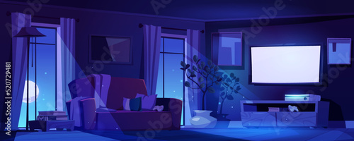 Night living room interior in moonlight with tv and sofa. Modern dark home with furniture and decor. Apartment with potted plant, game station and full moon in window. Cartoon vector illustration