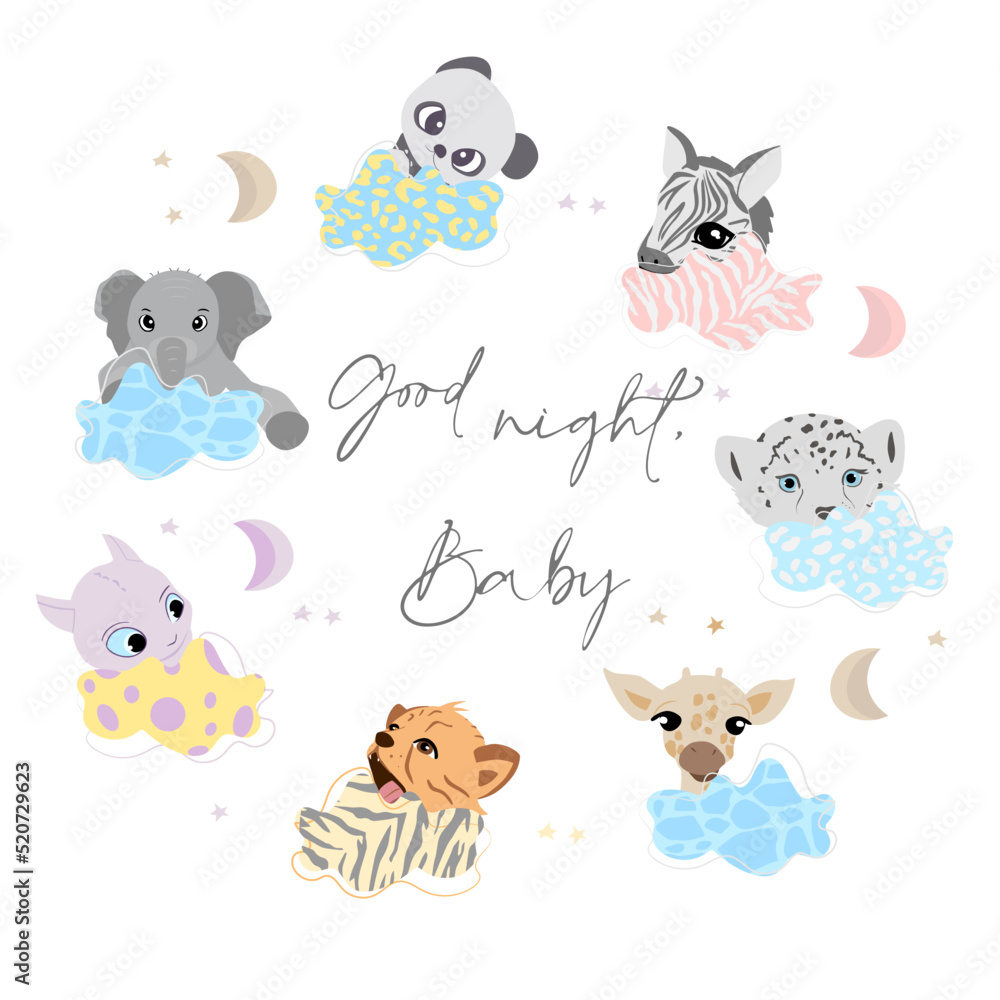 set of animals babies on clouds, good night baby animals set set of animals babies on clouds, good night baby animals set