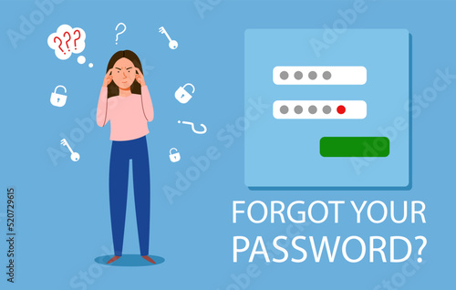 The woman forgot her personal data. the concept of a forgotten password, account protection, danger warning, incorrect password. Vector illustration in a flat style.