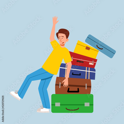 A big pile of suitcases. The man drops the luggage. Vector illustration in a flat style on the theme of travel.