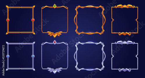 Set of square gold and silver ui game frames decorated with gemstones. Vector illustration of textured medieval style user interface elements isolated on background. Cartoon borders collection