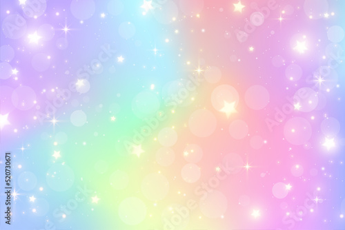 Fantasy watercolor illustration with rainbow pastel sky with stars. Abstract unicorn cosmic backdrop. Cartoon girlie vector illustration.
