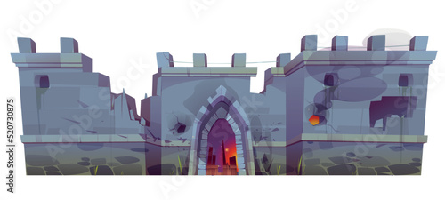 Destroyed medieval castle wall with broken gate, steaming holes and loopholes, cracked stones. Isolated ruined dungeon, temple or palace exterior, building facade. Cartoon 2d game vector graphics