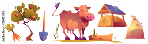 Cow on farm cartoon vector illustration set. Hay stack, sack, shovel, apple tree and bunch of carrots isolated on white background. Organic fruit, vegetable, milk production. Agricultural business