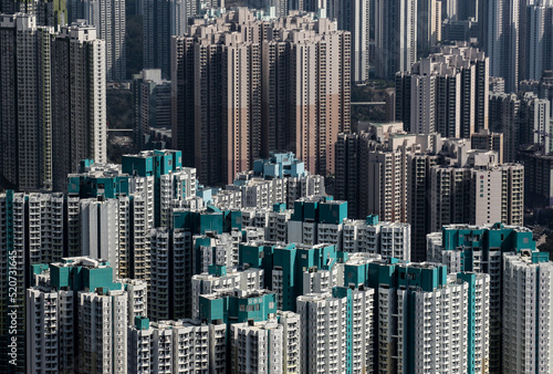 Aerial view of residential blocks in Hong Kong. Crowded housing in Asia.