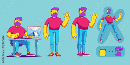 Man character sitting at table with computer and standing. Vector animation set with parts of body and head of person in contemporary style. Creation model of guy freelancer or office worker