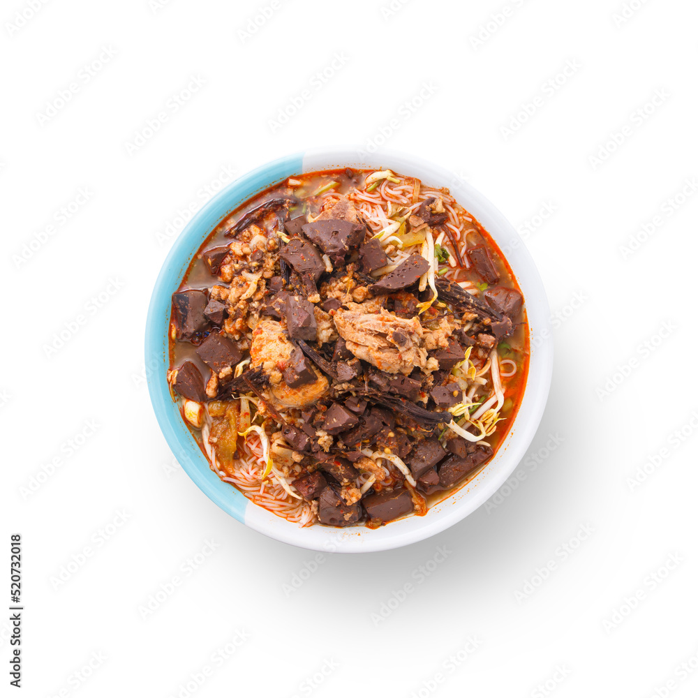 Fermented Rice Flour Noodles in bowl isolated on white background , Khanomjeen namyapa , top view , flat lay. Fermented Rice Flour Noodles in bowl isolated on white background , Khanomjeen namyapa , top view , flat lay.