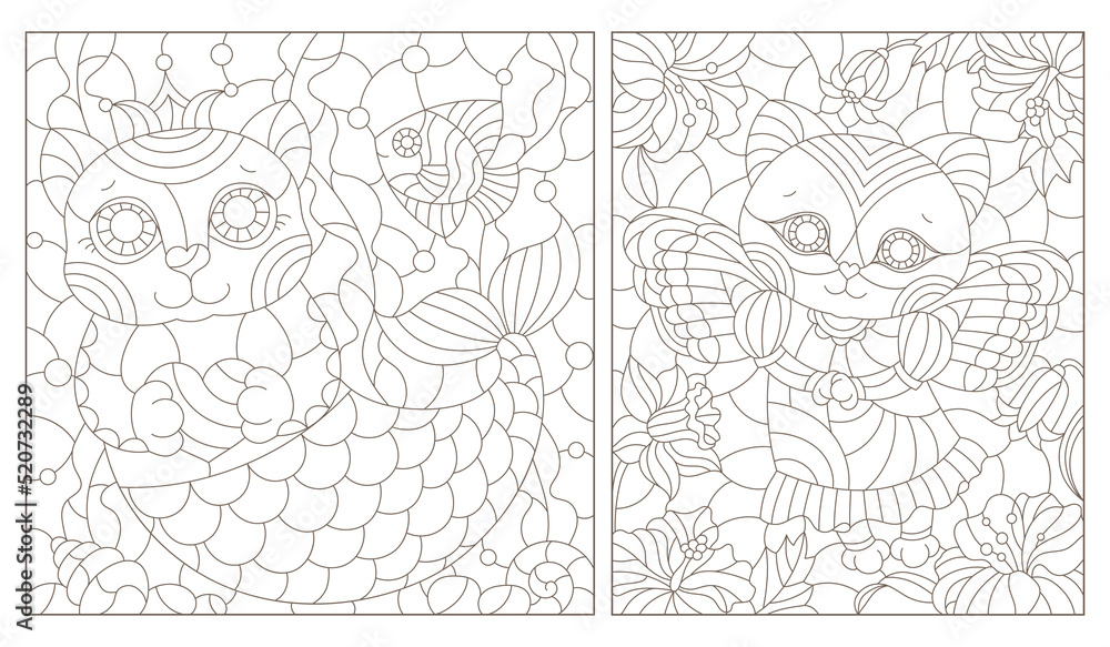 Obraz premium A set of stained glass illustrations with a mermaid cat and a fairy cat, animals isolated on a white background