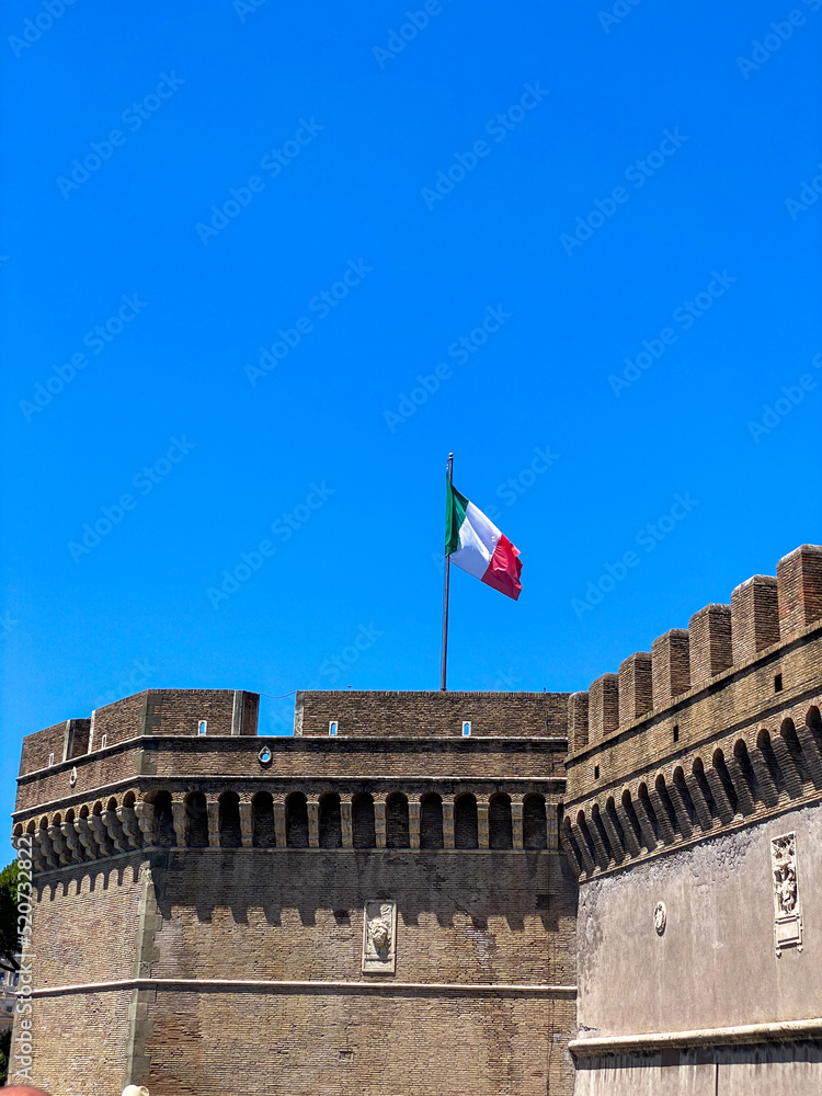 Italian Castle Tower with National Flag Flying High