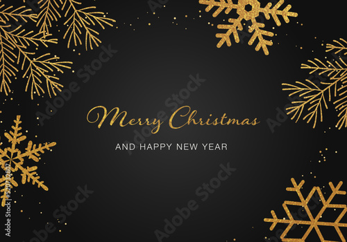 Christmas card with gold snowflakes.