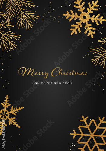 Christmas card with gold snowflakes.