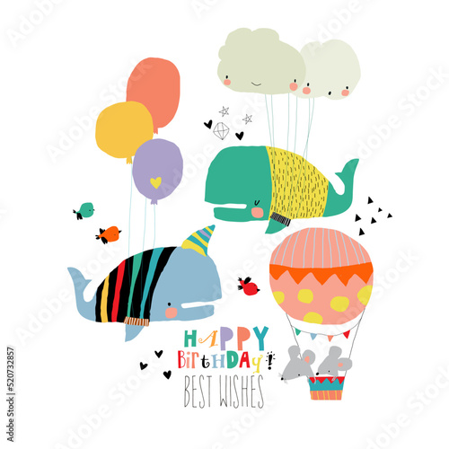 Cartoon Card with Cute Whales celebrating Birthday