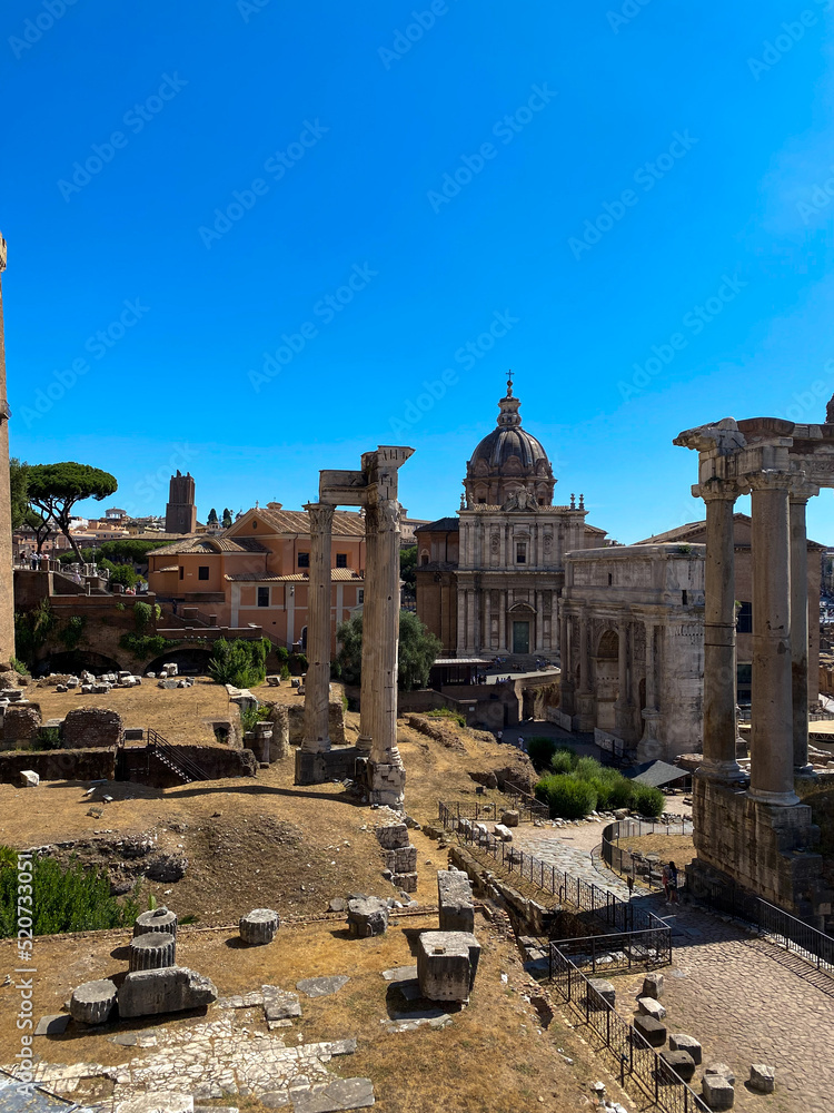 Roman Forum in Rome, Italy. Ancient architecture with columns.