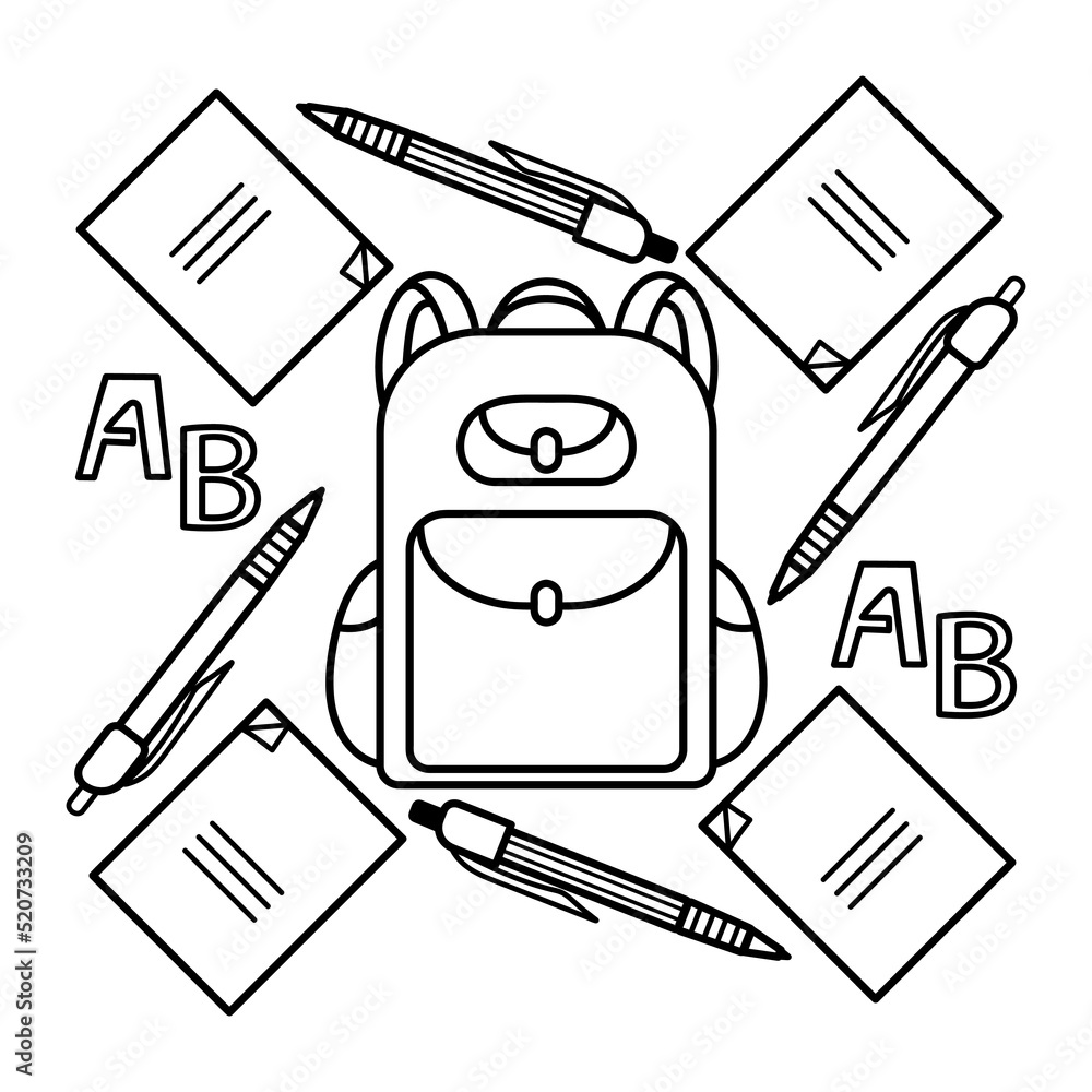Coloring pages school supplies . Coloring book for kids. Vector  illustration Stock Vector