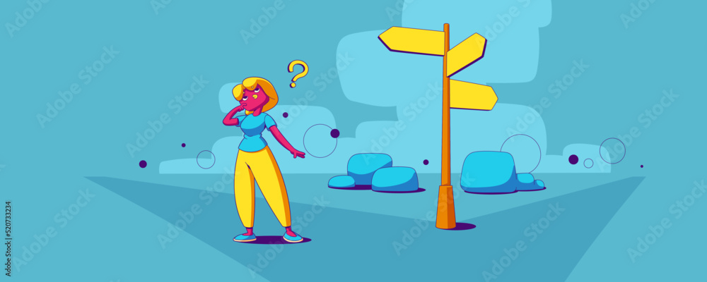 Choice right way in career, business decisions concept. Vector illustration of puzzled woman with question mark and direction sign with arrows on road. Person choose path on crossroads