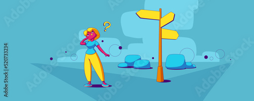Choice right way in career, business decisions concept. Vector illustration of puzzled woman with question mark and direction sign with arrows on road. Person choose path on crossroads
