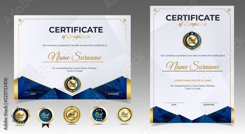 Certificate of appreciation template, gold and blue color. Clean modern certificate with gold badge. Certificate border template with luxury and modern line pattern. Diploma vector template. EPS 10