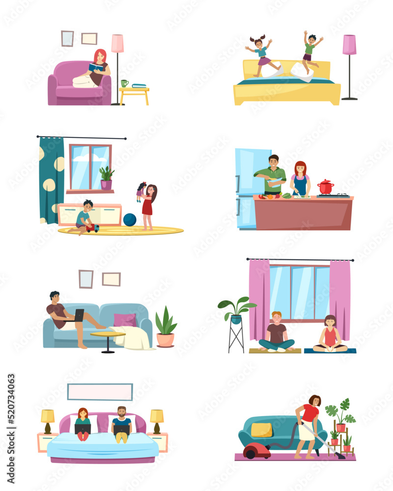 family routine. mother and father relax time kids playing mom making daily cleaning with vacuum cleaner family spend time together. Vector concept pictures family routine. mother and father relax time kids playing mom making daily cleaning with vacuum cleaner family spend time together. Vector concept pictures