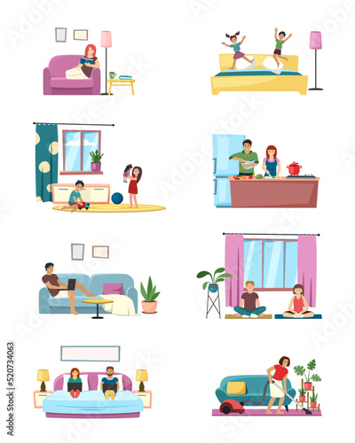 family routine. mother and father relax time kids playing mom making daily cleaning with vacuum cleaner family spend time together. Vector concept pictures