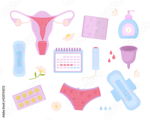 Menstruation symbols. female special monthly period hygiene pads critical days calendar. Vector flat pictures template set