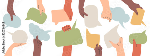 People's hands exchange ideas and holding speech bubble with vote and comment. Team cooperation communicate collaborate. Diversity multicultural group with talk message cartoon vector illustration photo