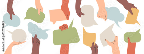 People's hands exchange ideas and holding speech bubble with vote and comment. Team cooperation communicate collaborate. Diversity multicultural group with talk message cartoon vector illustration
