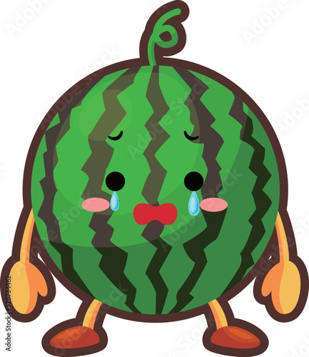 ル	涙を流すかわいいスイカのキャラクターのイラスト