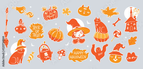 Halloween cute illustrations set. Funny cartoon themed halloween graphic elements in childish style. Little witch, cat, pumpkin, mansion, bat and cauldron. Vector sticker collection for kids