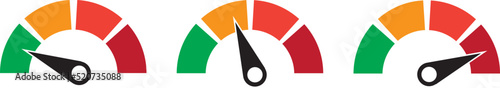 Set of color vector tachometers, flowmeter with indicator in green, orange and red part, speedometer and performance measurement icon, illustration for your web page, infographic, apps and leaflet