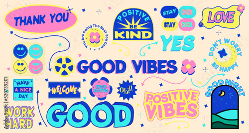 Trendy vector patch design element pack. Hand Drawn Stickers about: Positive and Good Vibes, Love, Kindness and Hard work