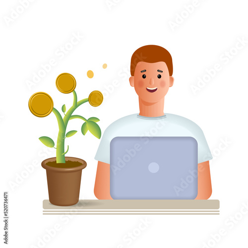 A young man is working on a laptop computer. Creative business ideas, planning of economic tasks.
 3d vector illustration. Cartoon style.
