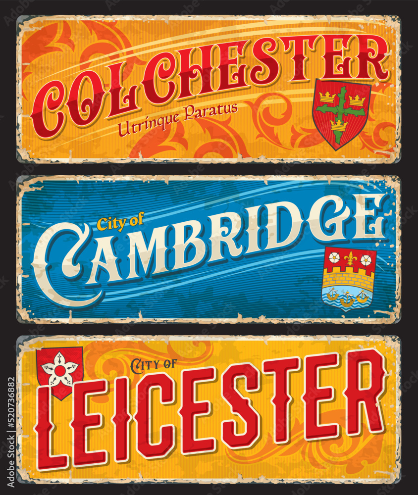 Leicester, Colchester, Cambridge, UK travel sticker labels or vector vintage plates. England