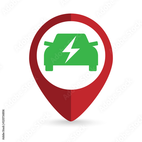 Map pointer with eco car icon. Vector illustration.