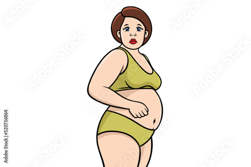 Fat woman, Fat belly, Chubby, Obese woman, Woman with fat belly, Belly of women, A woman's body with belly fat, Plus size woman, Clip art, Vector cartoon illustration, Weight loss concept,